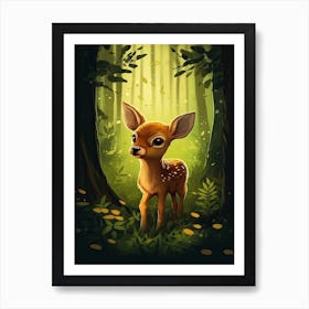 A Cute Fawn In The Forest Illustration 2watercolour Art Print