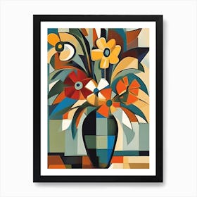 Flowers In Vase Cubism Blue Orange 1 Art Print