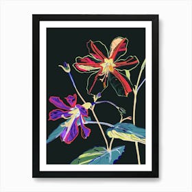 Neon Flowers On Black Geranium 4 Art Print