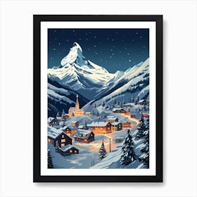 Winter Travel Night Illustration Zermatt Switzerland 2 Art Print