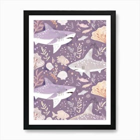 Purple Shark Deep In The Ocean Illustration 2 Art Print