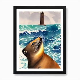 Sea Lion Vintage Graphic Watercolour Art Print