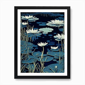 Pond With Lily Pads Water Waterscape Linocut 2 Art Print