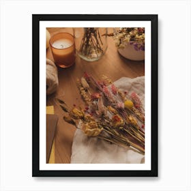 Dried Flowers On A Wooden Table Art Print