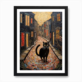 Swirly Mosaic Black Cat In Street Art Print