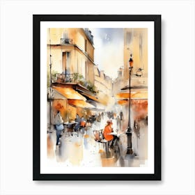 Paris city, passersby, cafes, apricot atmosphere, watercolors.15 Art Print