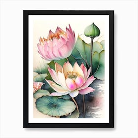 Lotus Flowers In Garden Watercolour Ink Pencil 1 Art Print