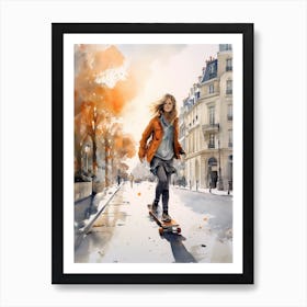 Girl Skateboarding In Paris, France Watercolour 1 Art Print