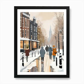 Amsterdam cafes, winter season, Christmas, autumn oil colors, pale colors, pedestrians in the street, winter clothes, falling snow.5 1 Art Print