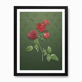 Vintage Red Cabbage Rose in Bloom Botanical on Lunar Green Pattern n.2392 Art Print