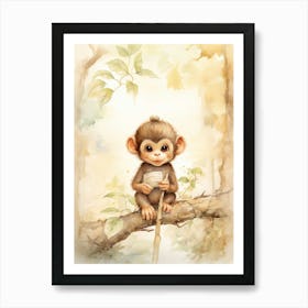 Monkey Painting Writing Watercolour 2 Art Print