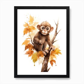 A Monkey Watercolour In Autumn Colours 3 Art Print