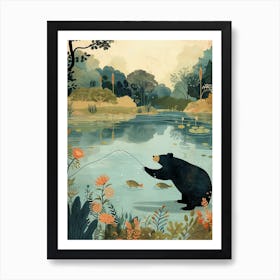 Sloth Bear Catching Fish In A Tranquil Lake Storybook Illustration 2 Art Print