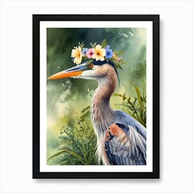 Blue Heron With Flower Crown Art Print