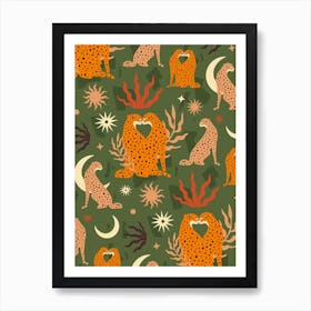 Cheetah Love Pattern Green Art Print