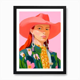 Floral Pink Green Painted Cowgirl Art Print