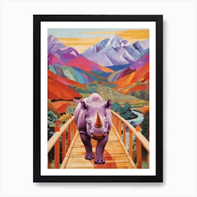 Rhino Crossing A Wooden Bridge With Mountain In The Background 3 Art Print