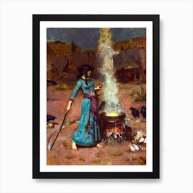 The Magic Circle by John William Waterhouse - Remastered Oil Painting Mythological Pagan Witchy Fairytale Dreamy Occult Magick Goddess Featuring The Blue Dress, Cauldron, Smoke, Frog and Crows Art Print