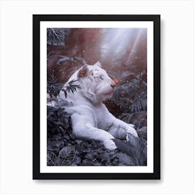 White Lion And Orange Butterfly Wild Life Art Print