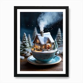 Miniature Winter Cottage Nestled Inside A Steaming Cup Delicate Smoke Whimsically Rising To Reveal (1) Art Print