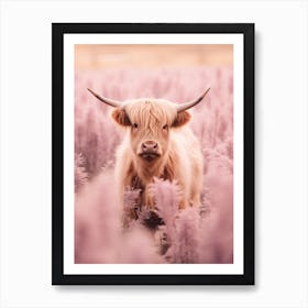 Pastel Pink Portrait Of Highland Cow In The Grass 1 Art Print