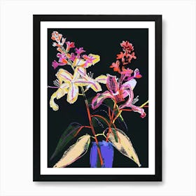 Neon Flowers On Black Lilac 4 Art Print