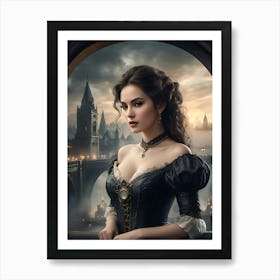 Digital Painting of Gorgeous Victorian Woman with Classic London City Scenery #4 Art Print