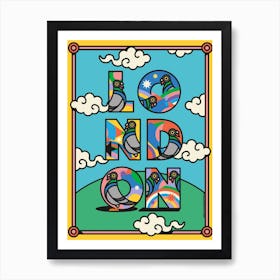 London Pigeons In The City Type Lettering Rainbows And Stars Art Print