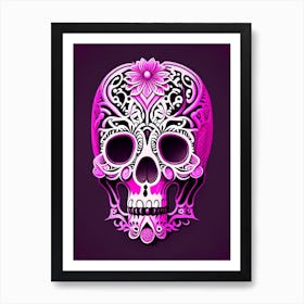 Skull With Intricate Linework 2 Pink Mexican Art Print