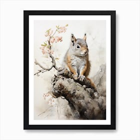 Squirrel, Japanese Brush Painting, Ukiyo E, Minimal 3 Art Print