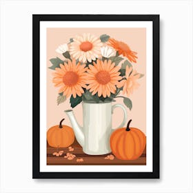 Pitcher With Sunflowers, Atumn Fall Daisies And Pumpkin Latte Cute Illustration 5 Art Print