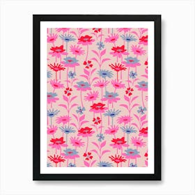 GARDEN MEADOW Floral Botanical Flowers Wildflowers in Fuchsia Hot Pink Red Lavender Blue on Pink Art Print