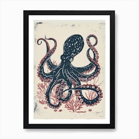 Octopus In The Ocean With Coral Linocut Inspired 1 Art Print