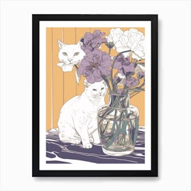 Drawing Of A Still Life Of Crocus With A Cat 4 Art Print