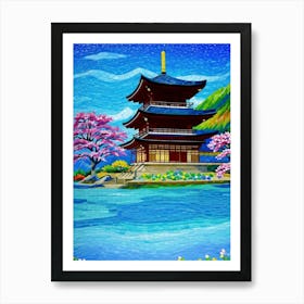 Pagoda By The Water Cherry Blossoms Mount Fuji Japan Art Print