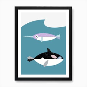 Undersea orca and narwhale Scandinavian style - Arctic animals Art Print