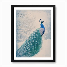 Vintage Peacock Snow Scene Blue 2 Art Print