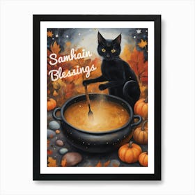 Samhain Blessings ~ Black Cat Stirring Pumpkin Soup on Halloween by Sarah Valentine Art Print