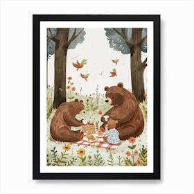 Brown Bear Family Picnicking In The Woods Storybook Illustration 4 Art Print