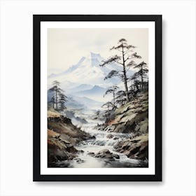 The Japanese Alps In Multiple Prefectures, Japanese Brush Painting, Ukiyo E, Minimal 2 Art Print