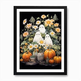 Cute Bedsheet Ghost, Botanical Halloween Watercolour 4 Art Print