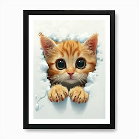 Cute Kitten Cat Peeking From Snow 4 Art Print