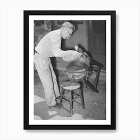 Applying Pressure By Means Of Sandbags To Glued Leather In Saddle Repairing Shop, Alpine, Texas By Russ Art Print