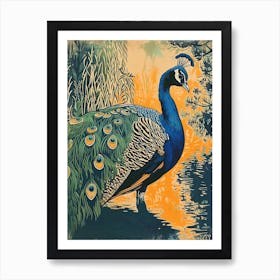 Blue Mustard Peacock & The Water Linocut Inspired 2 Art Print