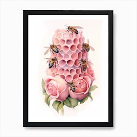 Beehive With Rose Watercolour Illustration 1 Art Print