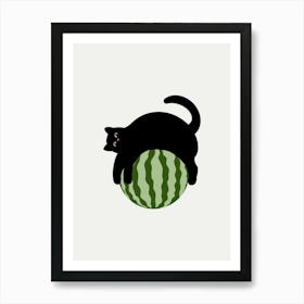 Cat On Watermelon Art Print