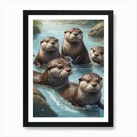 Cute Otter Family in River Art Print