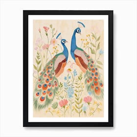 Folksy Floral Animal Drawing Peacock 2 Art Print