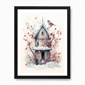 Bird House Winter Snow Illustration 2 Art Print