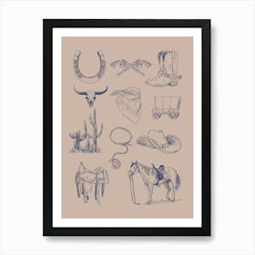 Western Flash Sheet Wall Art | Cactus Desert Wall Art |Beige + Blue Cowboy Cowgirl Western Living Room Bedroom Art Print